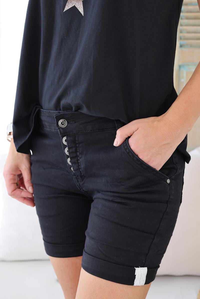 Short noir toile de jean a boutons petit lisere brillant sur le revers H058 (1)