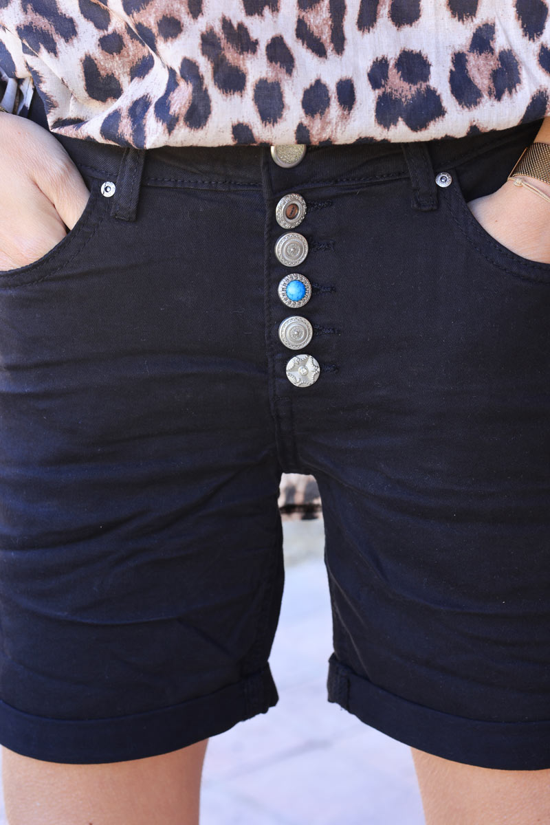Pantalón corto elástico negro con elegantes botones de strass y turquesa