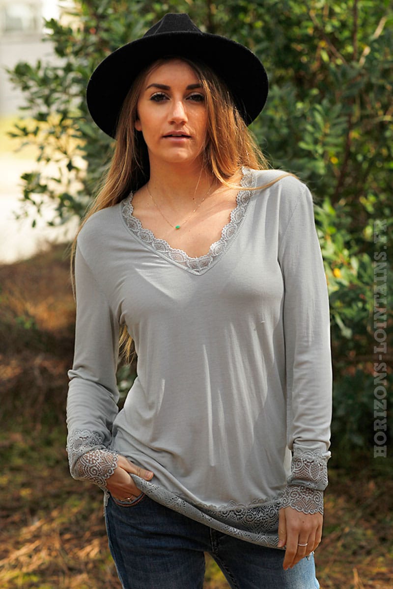 Light gray long sleeved top with lace trim