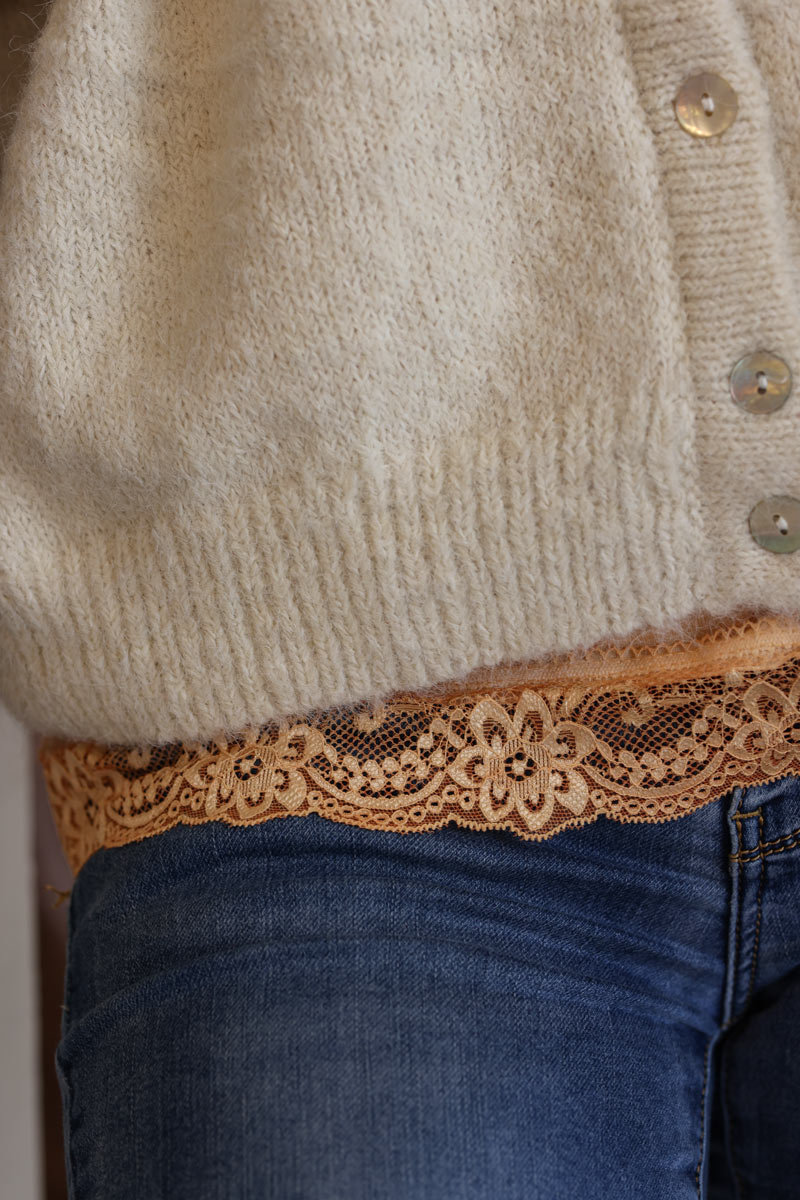 Apricot long sleeved v-neck top with lace trim