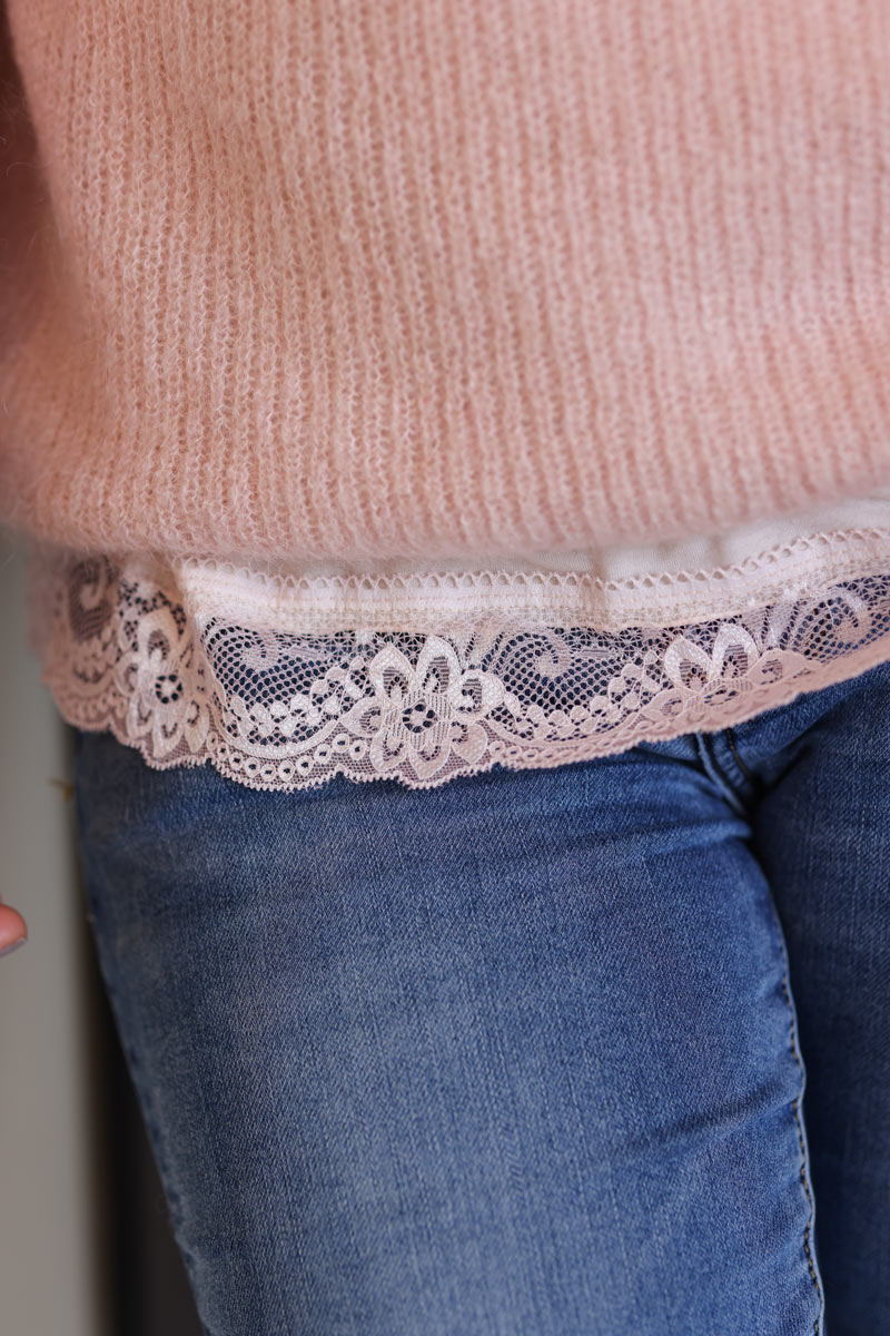 Soft pink long sleeved v-neck top with lace trim