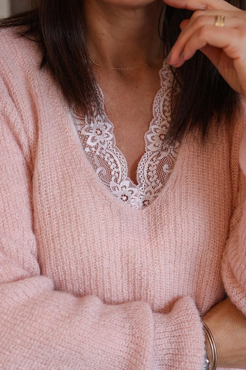 Soft pink long sleeved v-neck top with lace trim