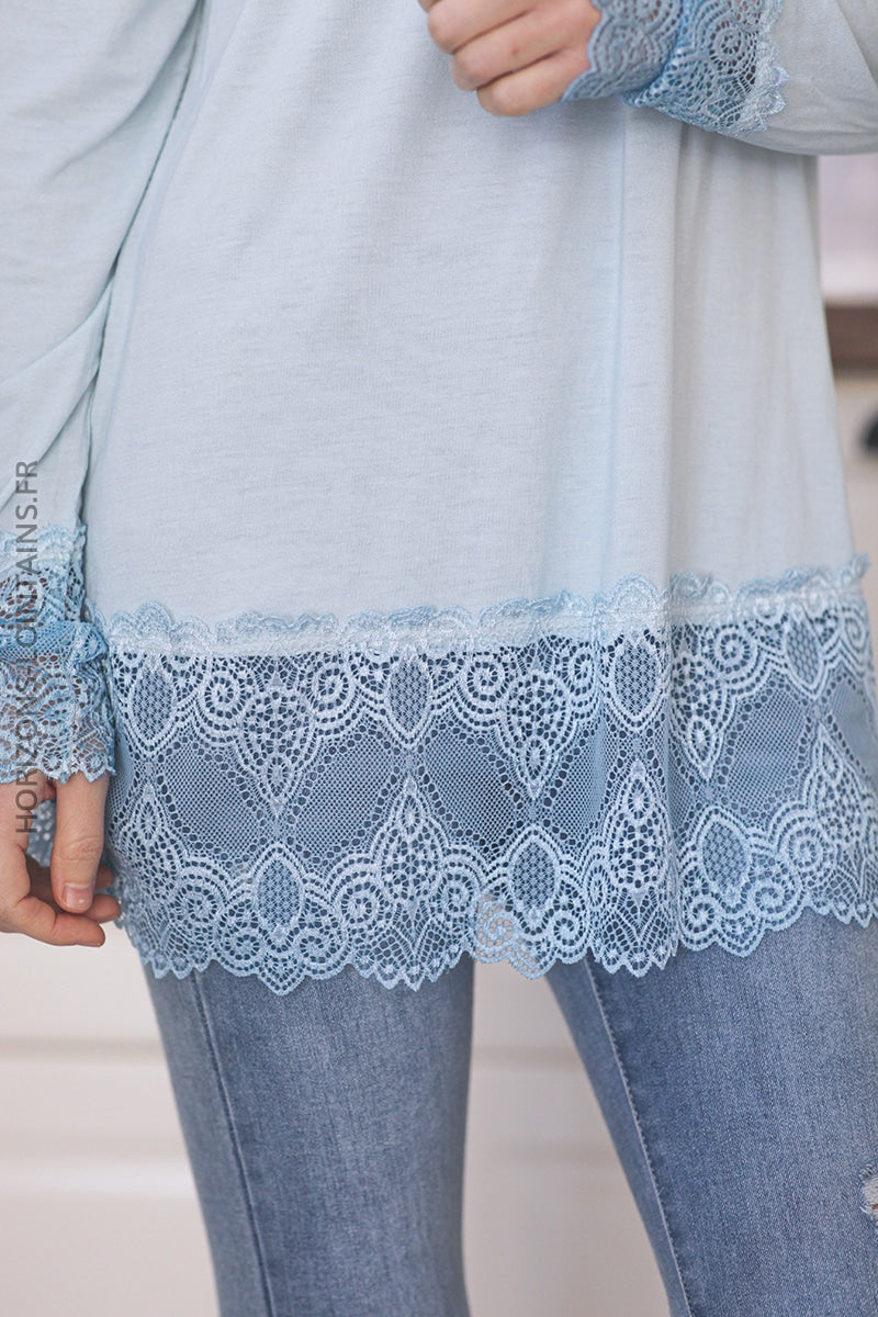 Light blue long sleeved top with lace trim