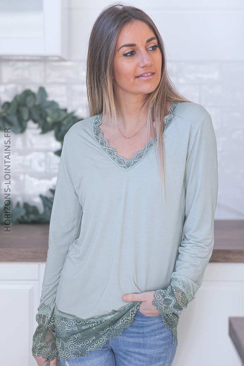 Light khaki long sleeved top with lace trim