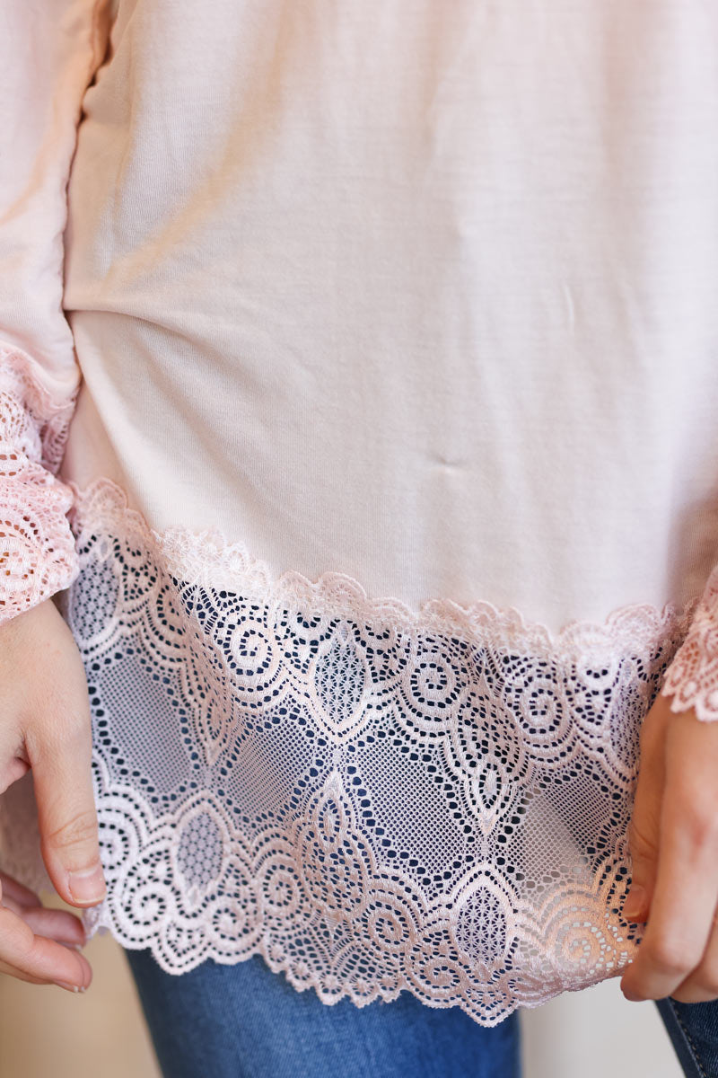 Powder pink long sleeved top with lace trim