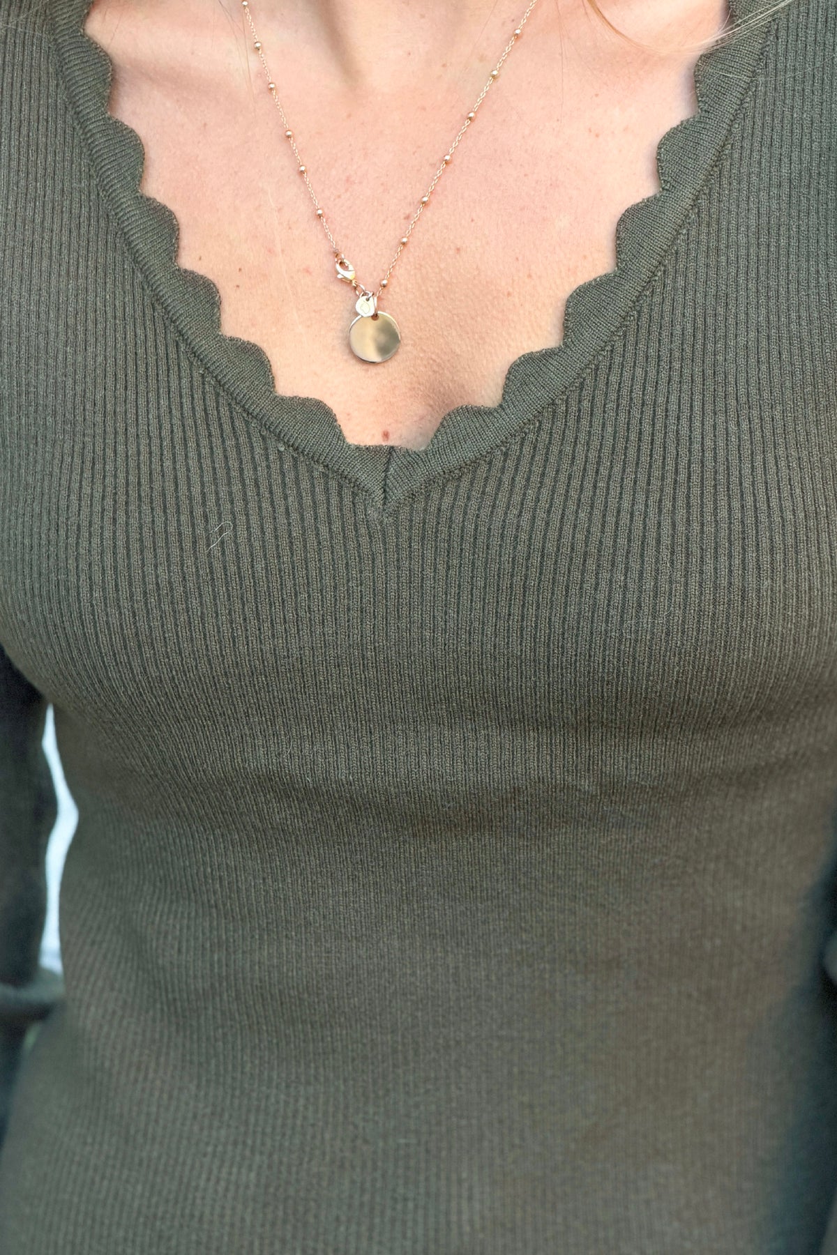 Khaki Scallop Neck Ribbed Long-Sleeve Tshirt
