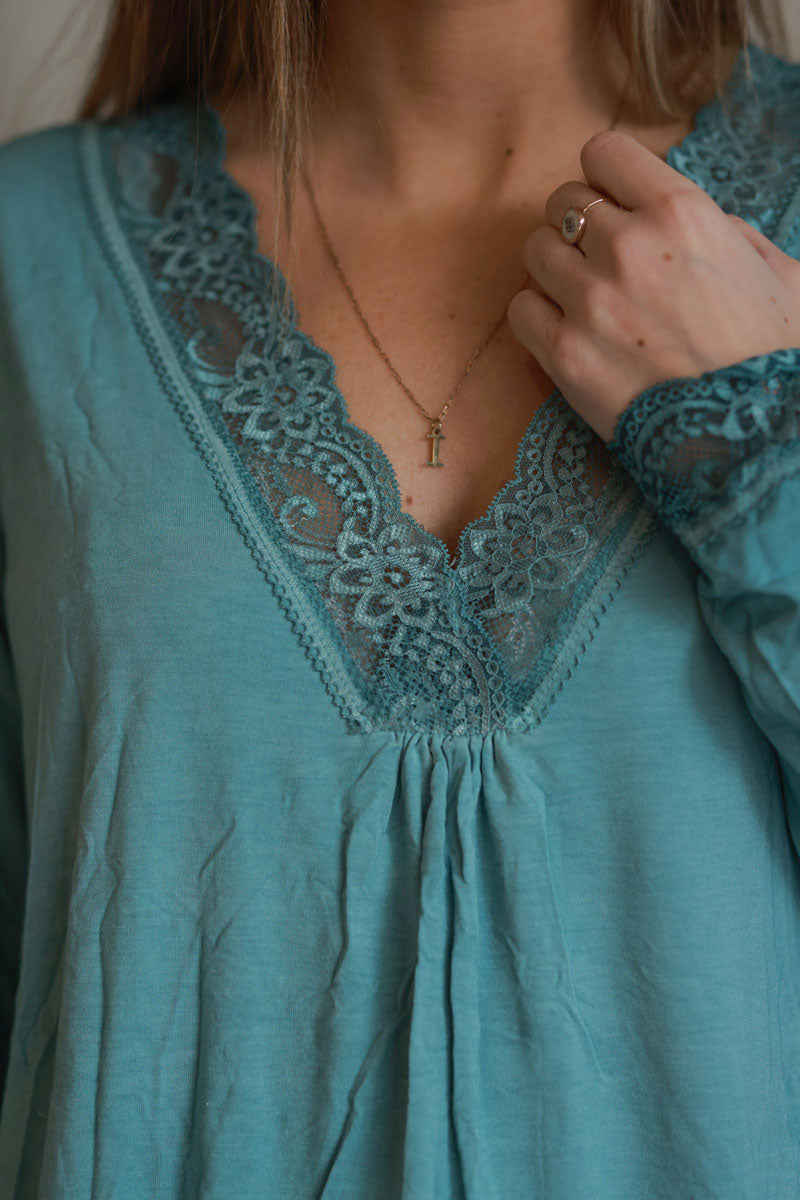 Celadon green Long Sleeved V-neck Top with Lace Trim