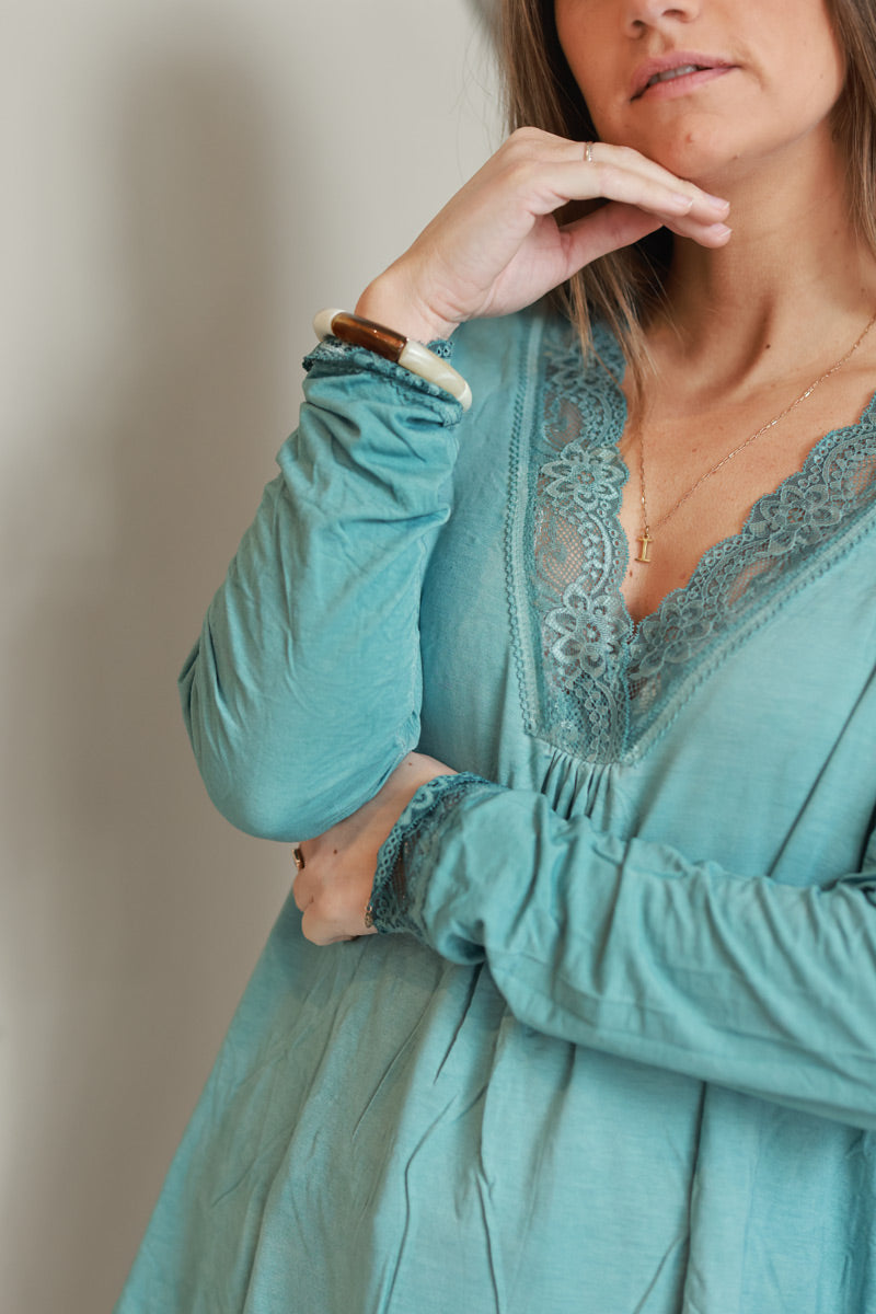 Celadon green Long Sleeved V-neck Top with Lace Trim