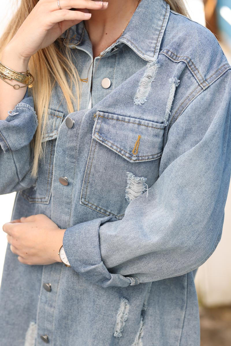 Washed denim shirt jacket with raw frayed hems and fluo 'Hello World'