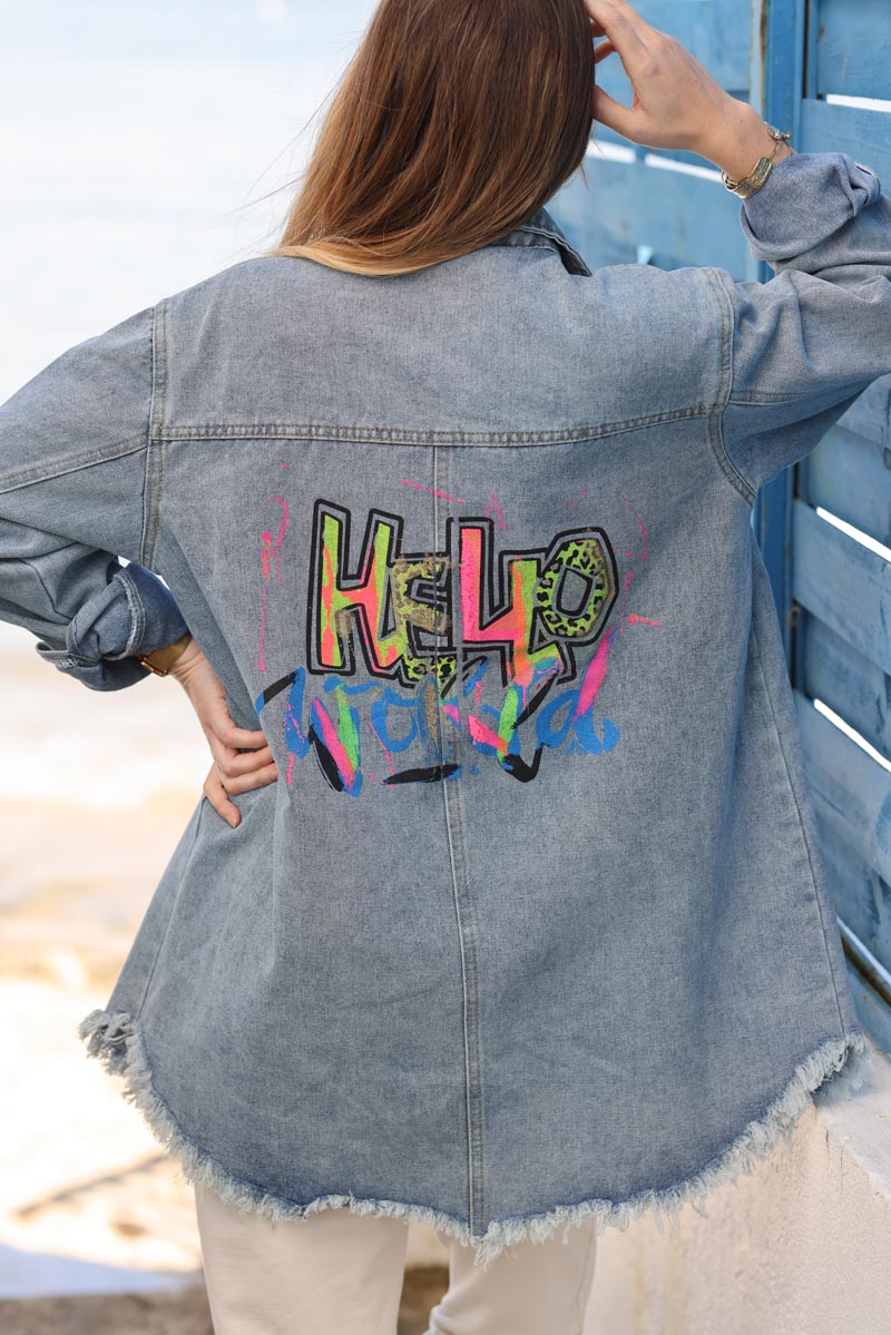 Washed denim shirt jacket with raw frayed hems and fluo 'Hello World'