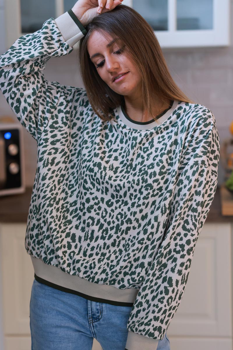 Cream and Olive Green Leopard Print Sweater