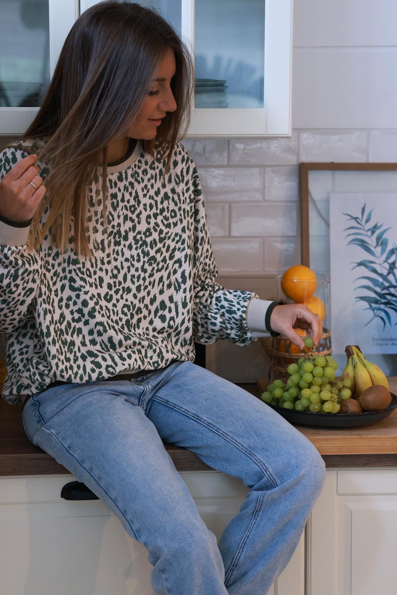 Cream and Olive Green Leopard Print Sweater