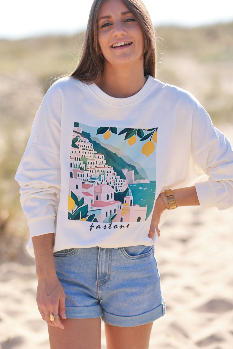 Sweat blanc Positano Italie citrons col rond