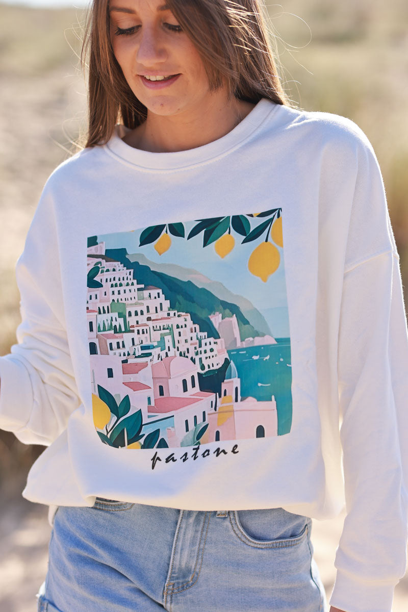 Sweat blanc Positano Italie citrons col rond
