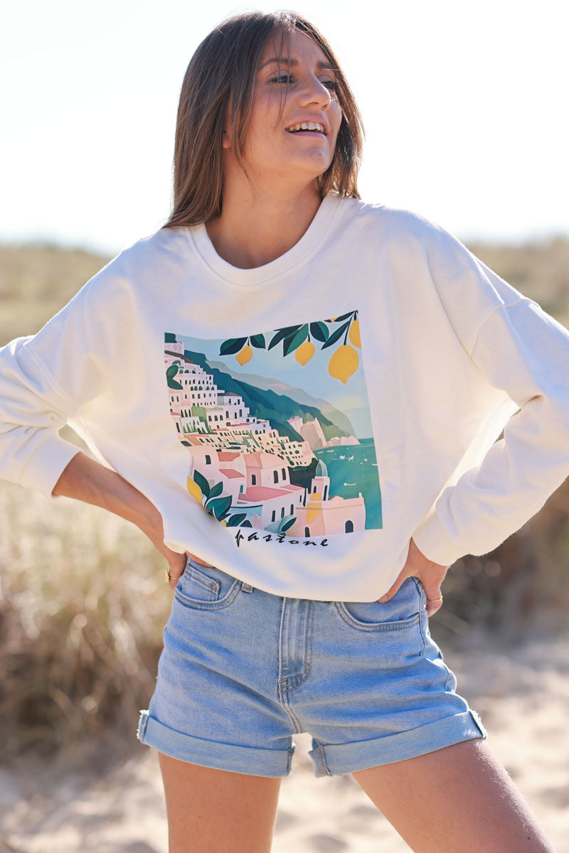 Sweat blanc Positano Italie citrons col rond