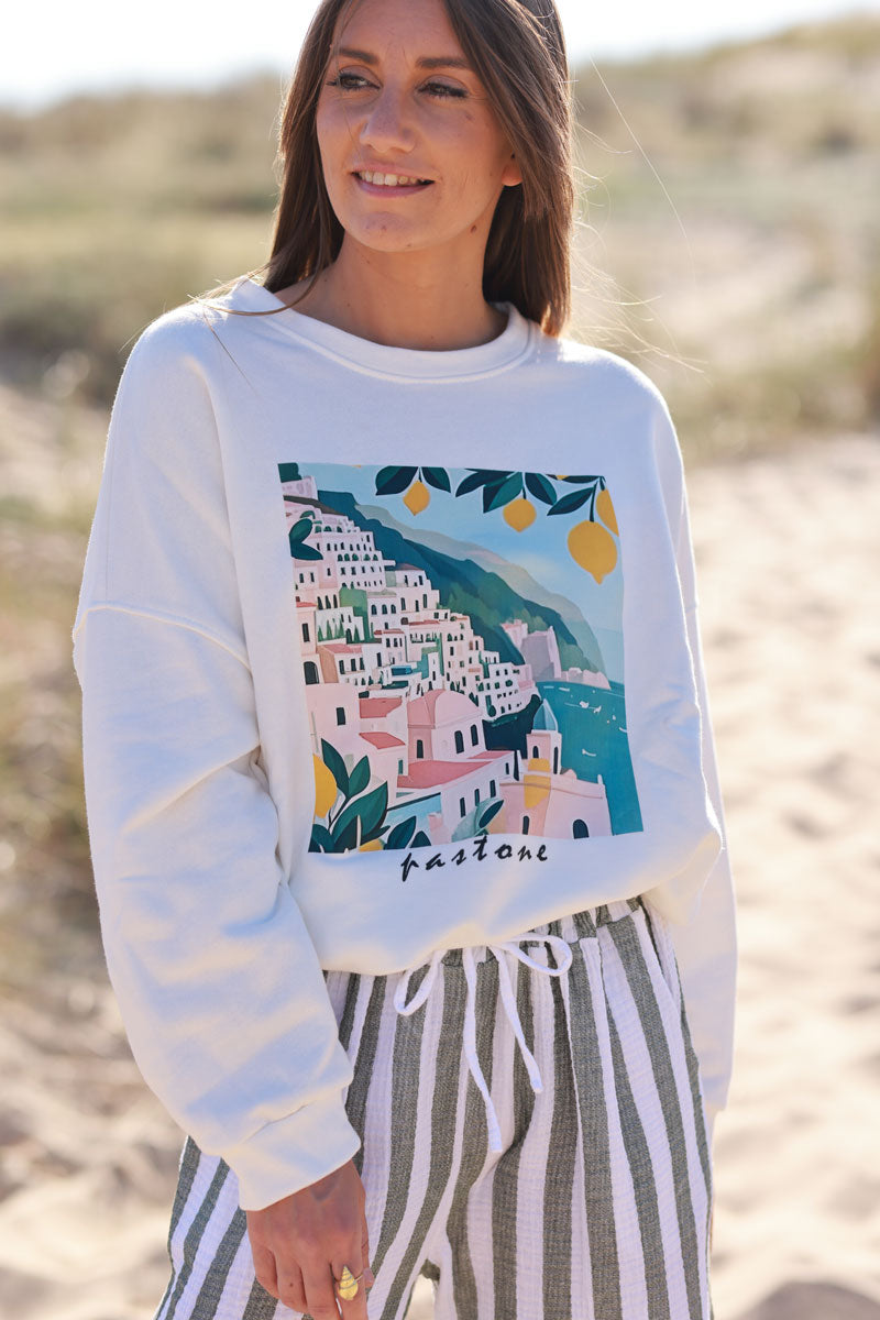 Sweat blanc Positano Italie citrons col rond