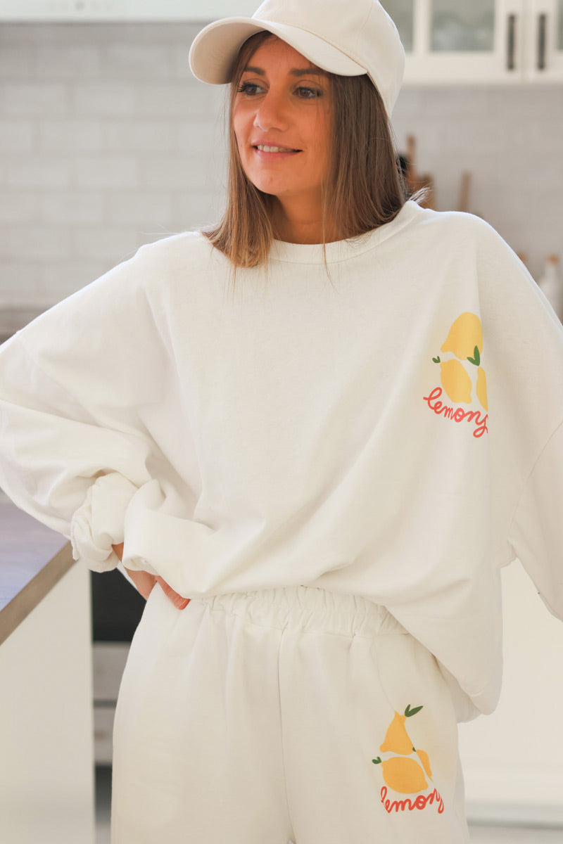 Sweat blanc large et confort motif citrons lemons délavé