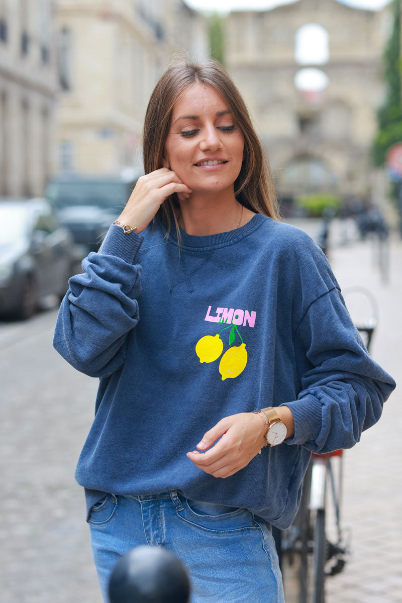 Vintage faded blue sweatshirt with lemon limoncello pattern