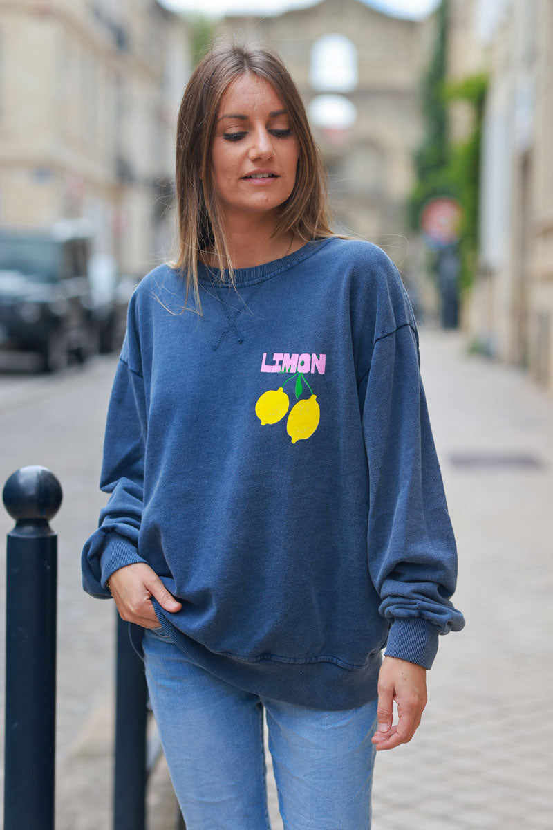 Vintage faded blue sweatshirt with lemon 'limoncello' pattern