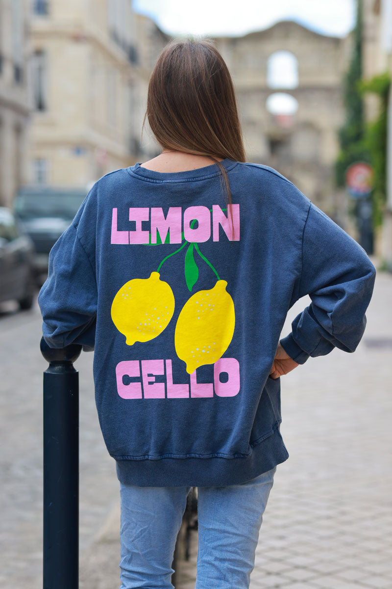 Vintage faded blue sweatshirt with lemon 'limoncello' pattern