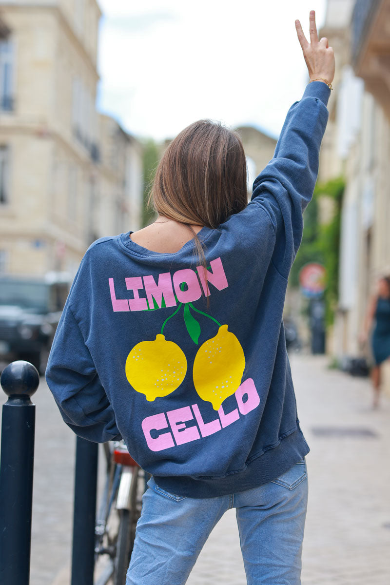 Vintage faded blue sweatshirt with lemon 'limoncello' pattern