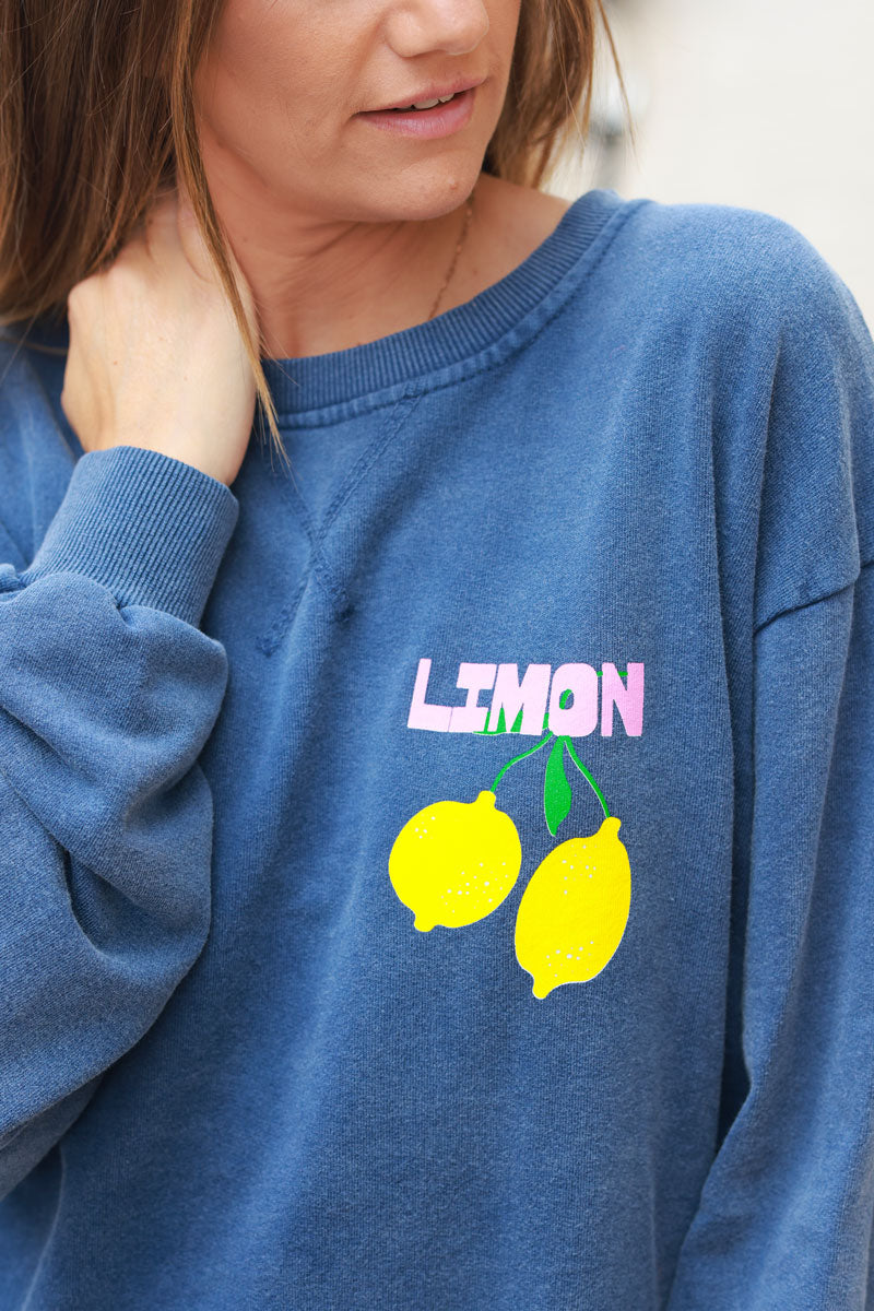 Vintage faded blue sweatshirt with lemon 'limoncello' pattern