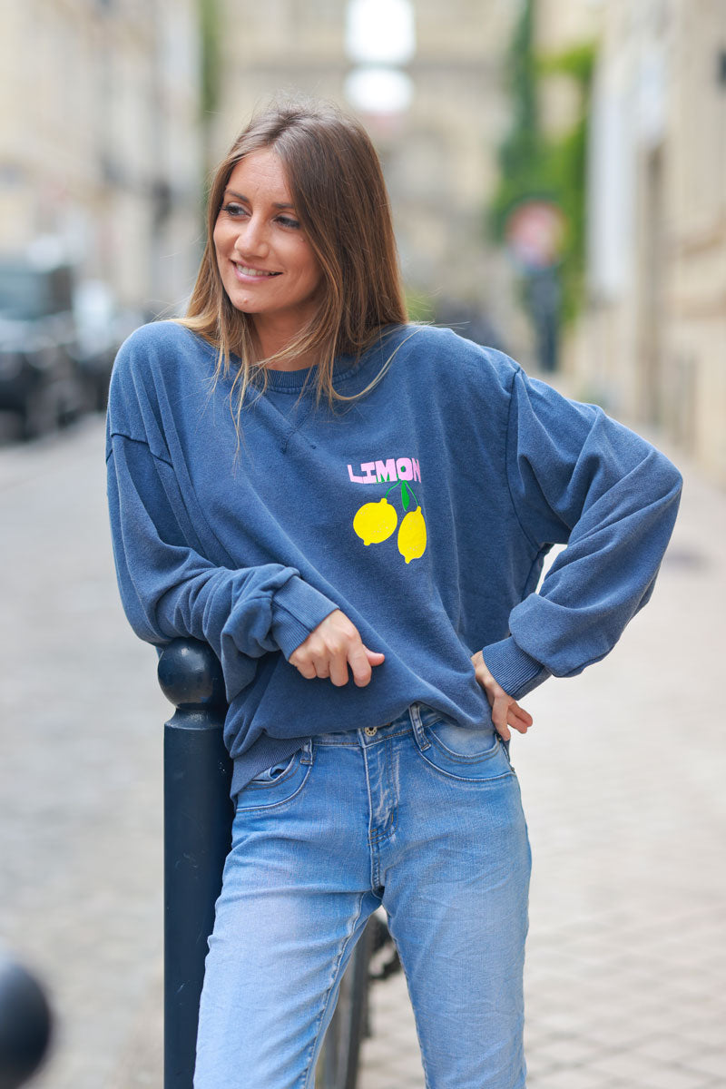 Vintage faded blue sweatshirt with lemon 'limoncello' pattern