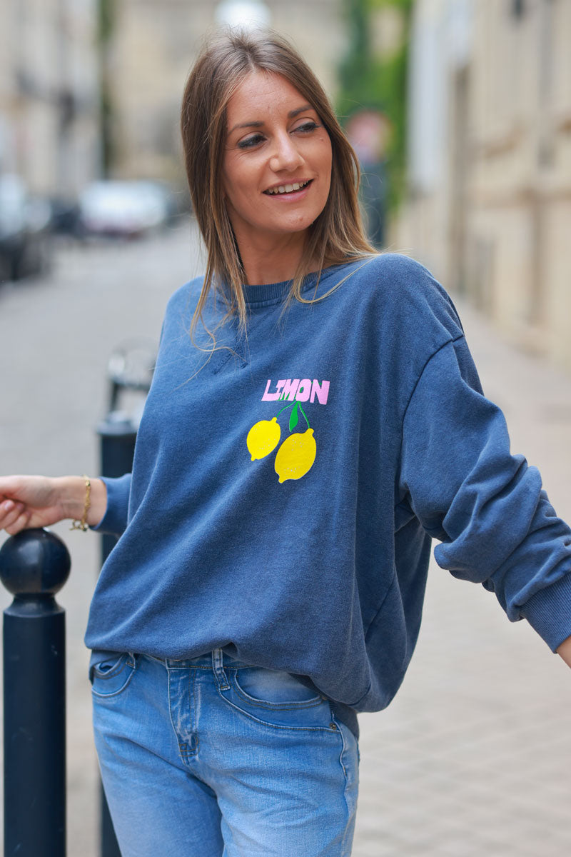 Vintage faded blue sweatshirt with lemon 'limoncello' pattern