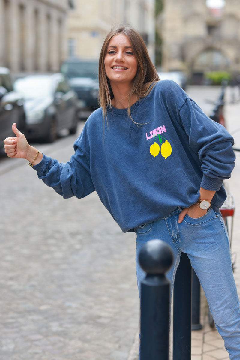 Vintage faded blue sweatshirt with lemon 'limoncello' pattern