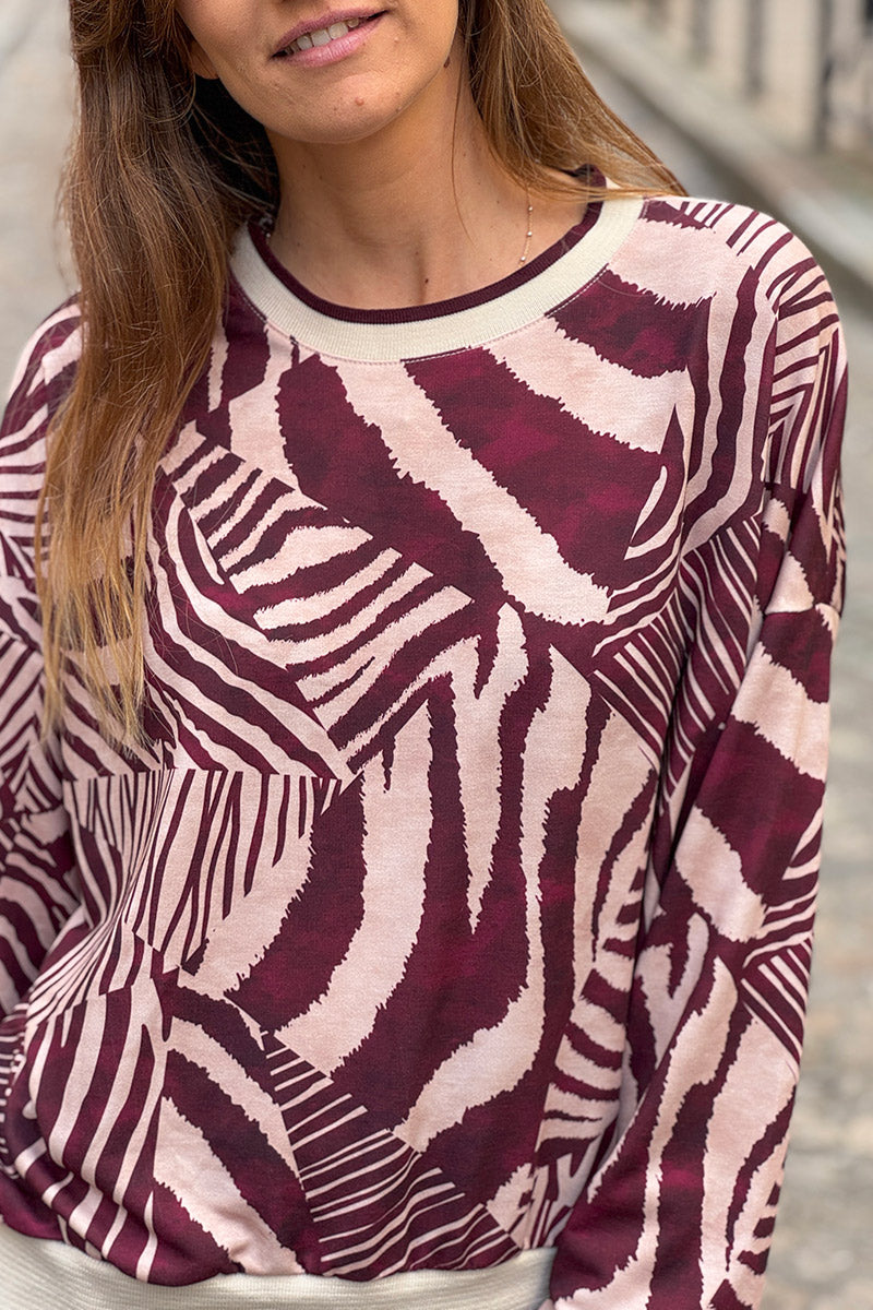 Sweat confort imprimé graphique zèbre aubergine
