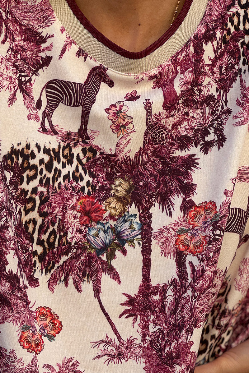 Sweat confort imprimé jungle aubergine