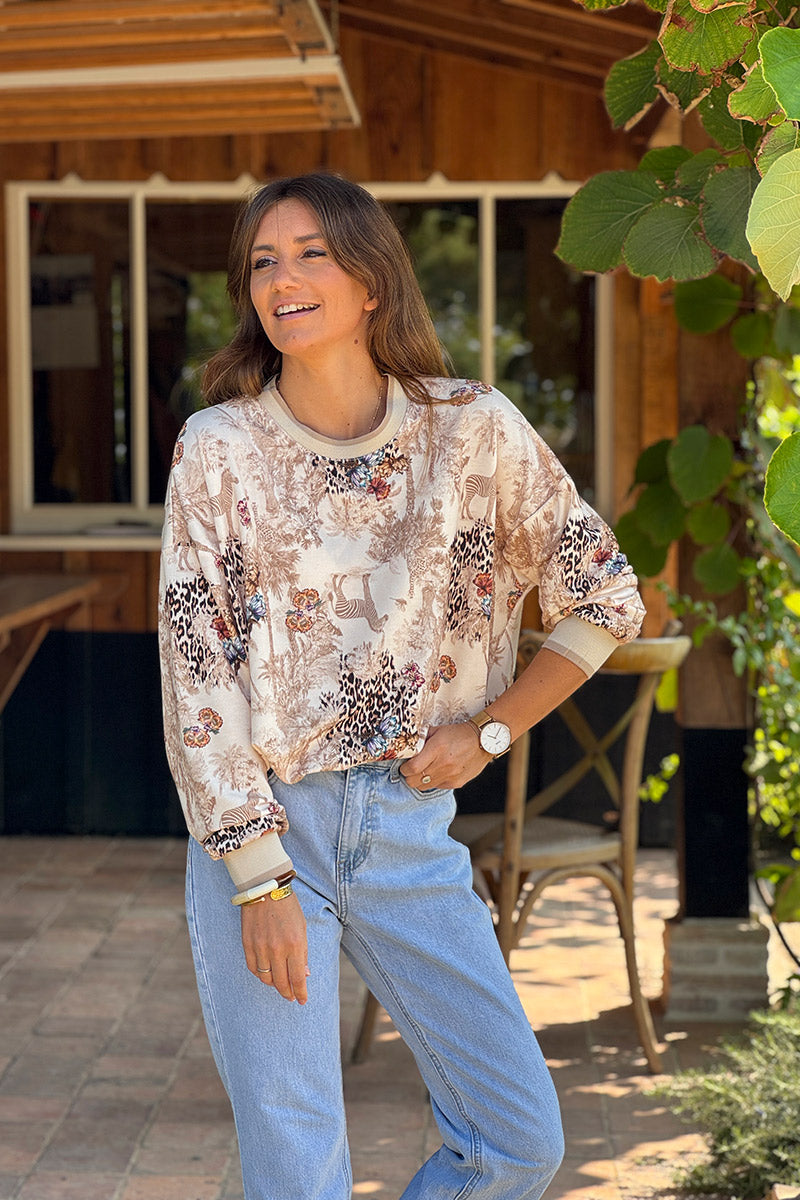 Sweat confort imprimé jungle beige