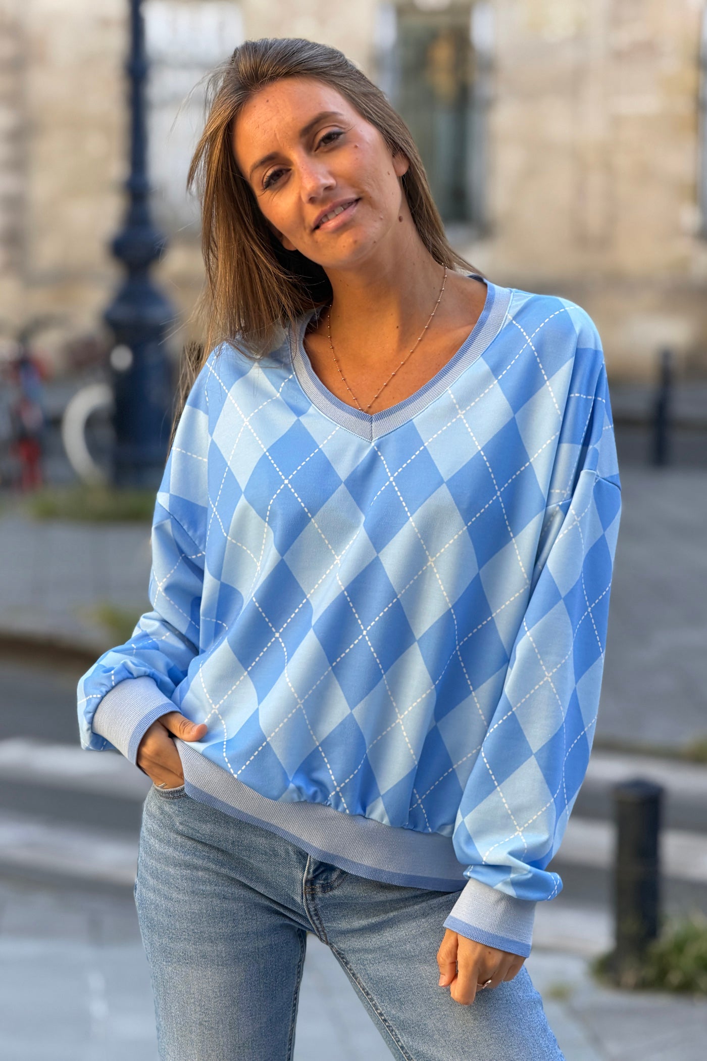 Blue Argyle V-Neck Sweater