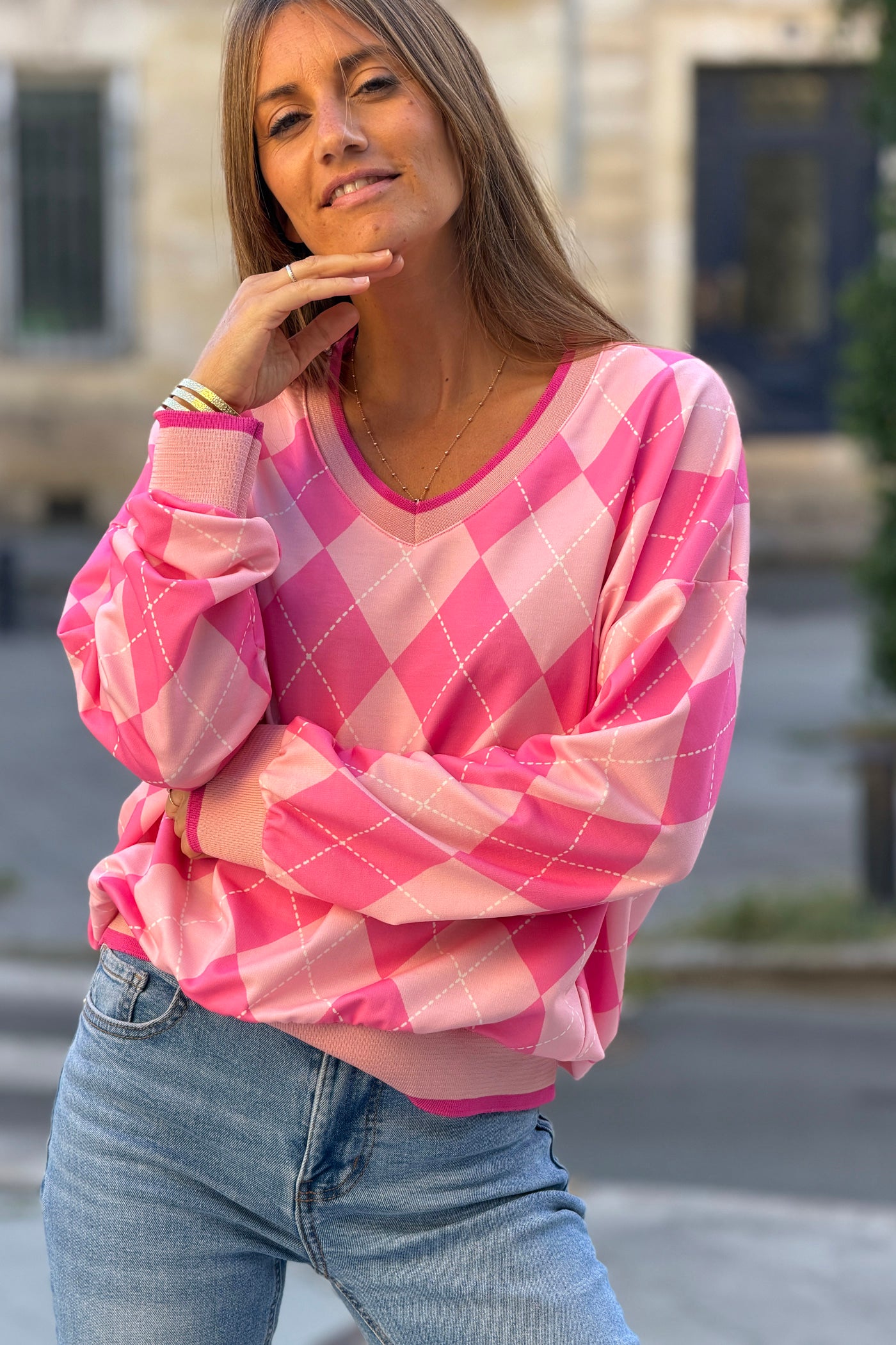 Sweat doux imprimé losanges carreaux rose