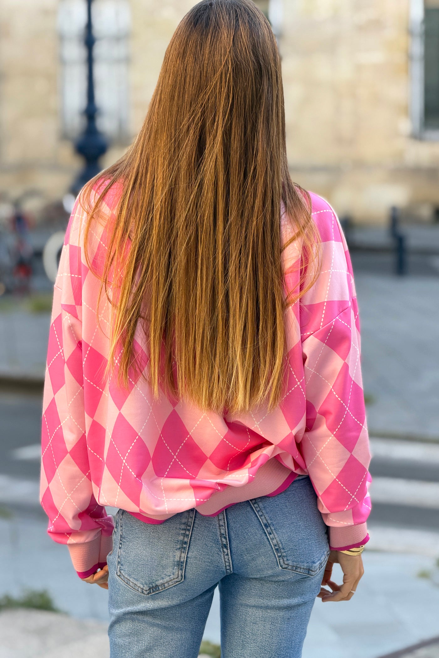 Sweat doux imprimé losanges carreaux rose