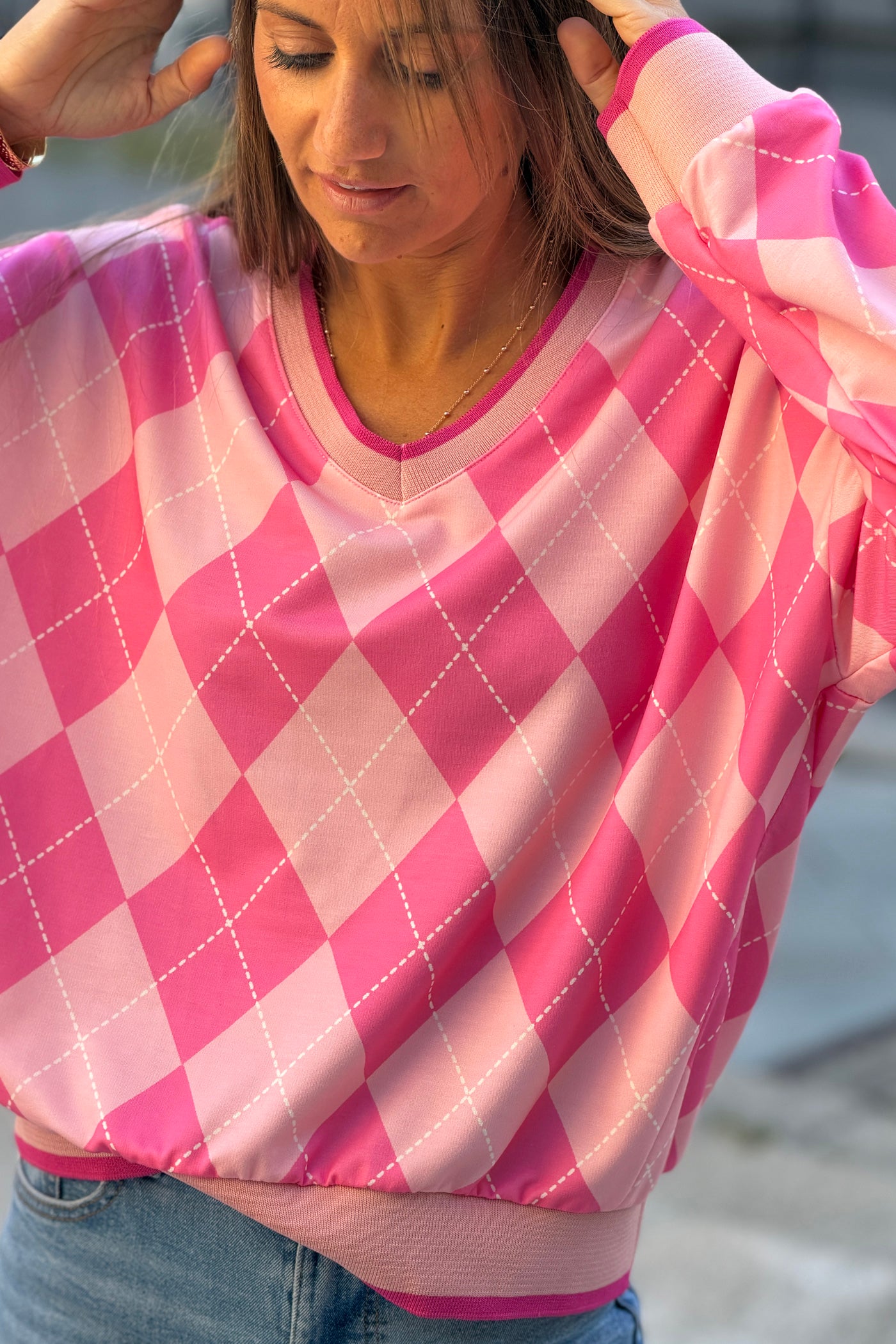 Sweat doux imprimé losanges carreaux rose