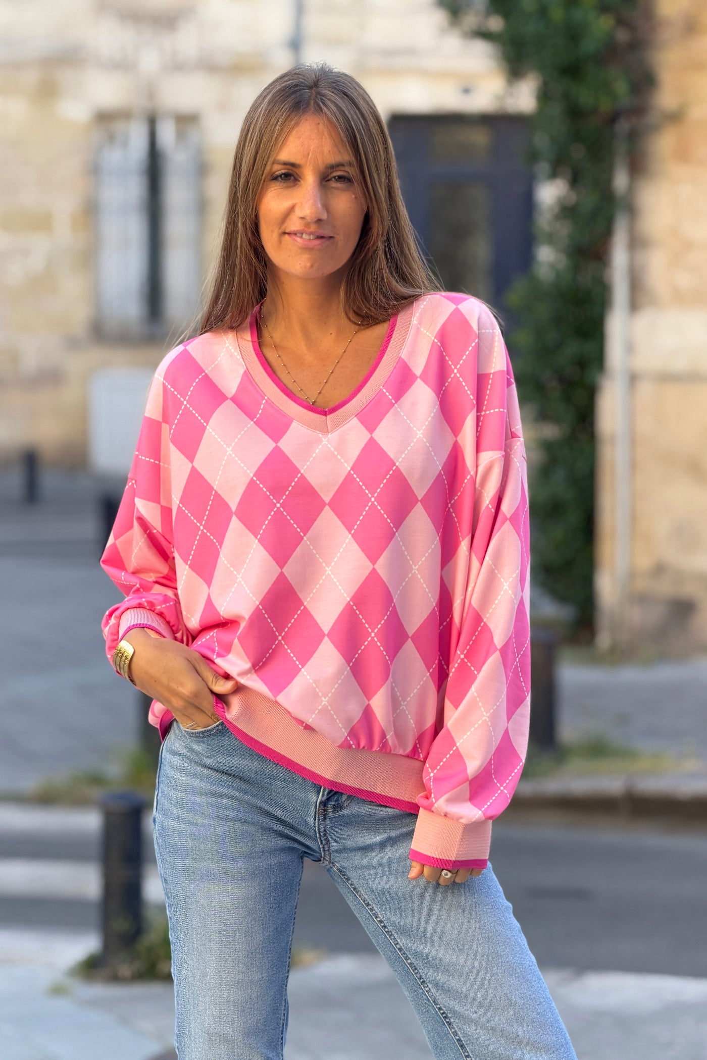 Sweat doux imprimé losanges carreaux rose