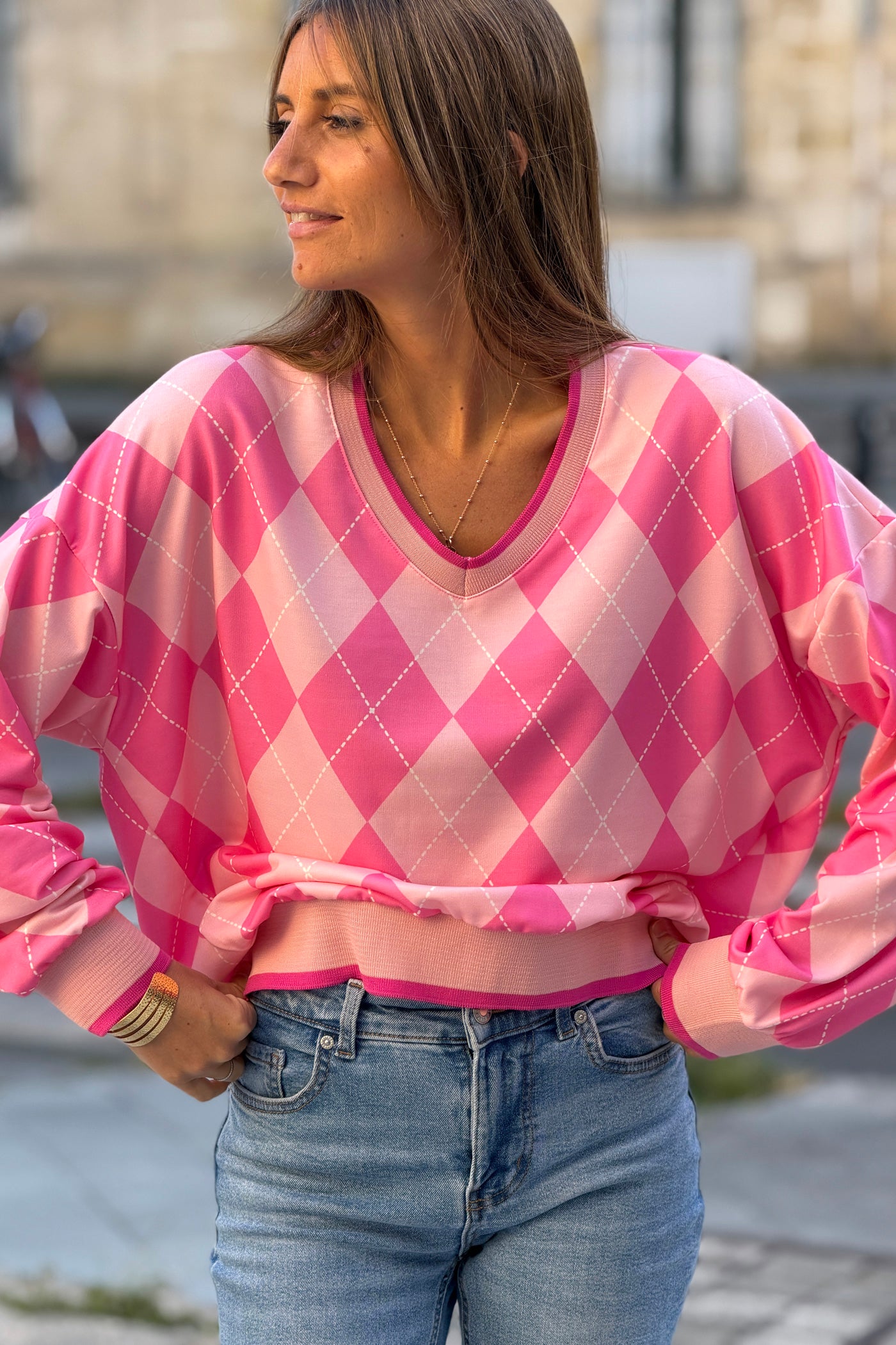 Sweat doux imprimé losanges carreaux rose