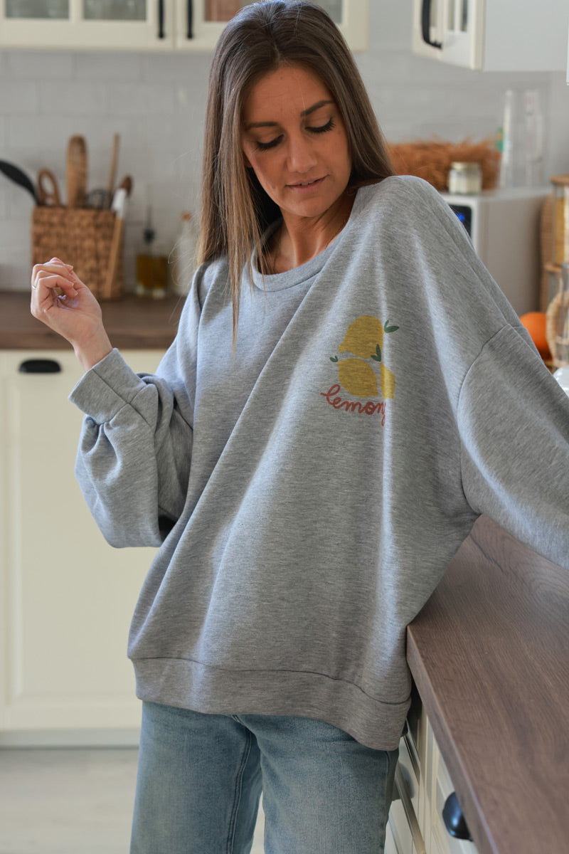 Sweat gris chiné large et confort motif citrons lemons délavé