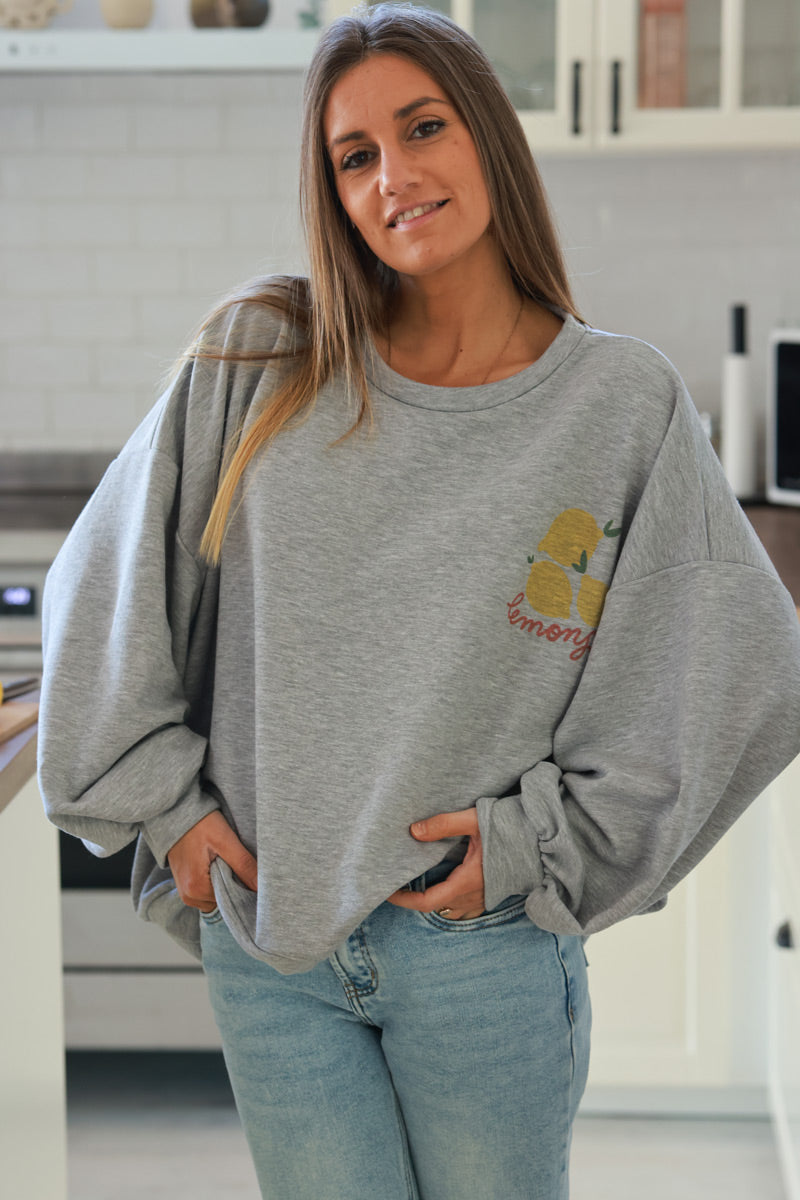 Sweat gris chiné large et confort motif citrons lemons délavé