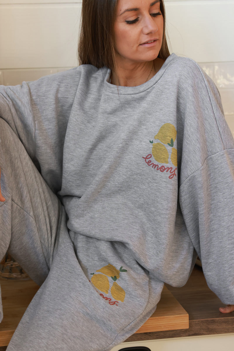 Sweat gris chiné large et confort motif citrons lemons délavé