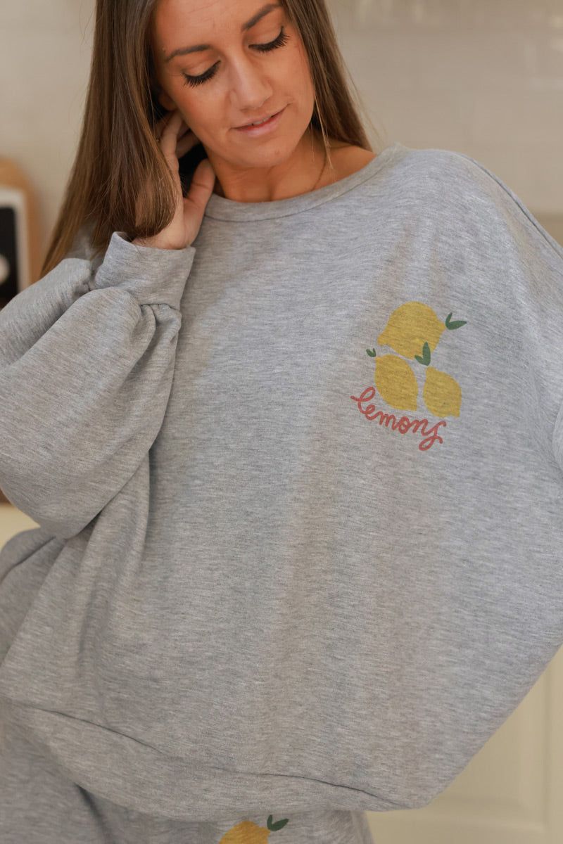 Sweat gris chiné large et confort motif citrons lemons délavé