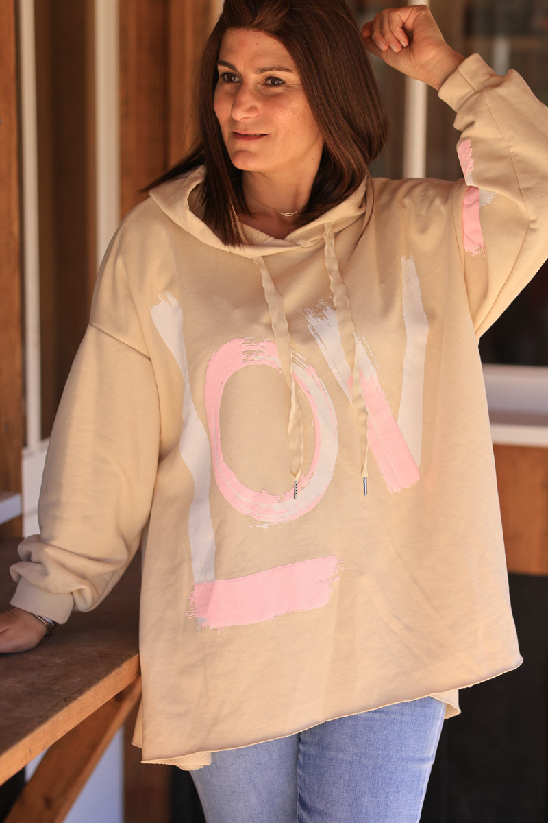 Sudadera grande con capucha beige estilo graffiti Love relieve