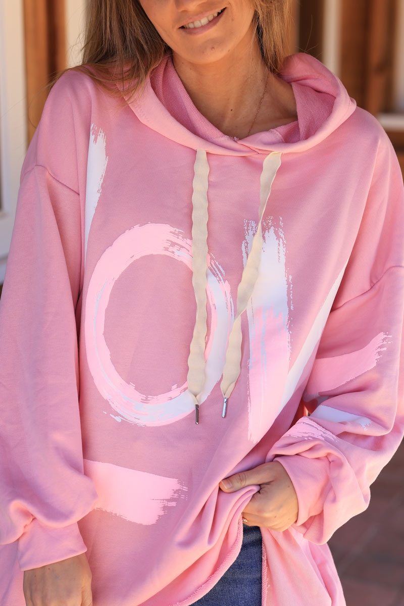 Pink hoodie sweatshirt with embossed “Love” inscription graffiti style