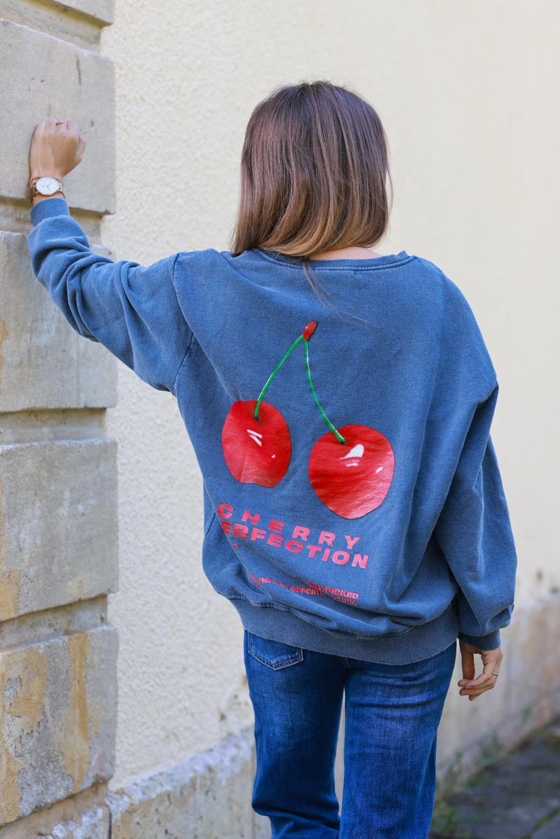 Sudadera holgada vaquera azul con logo de cereza Cherry Perfection