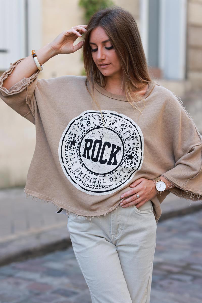 Sweat loose camel logo rock léopard manches chauve souris finitions franges