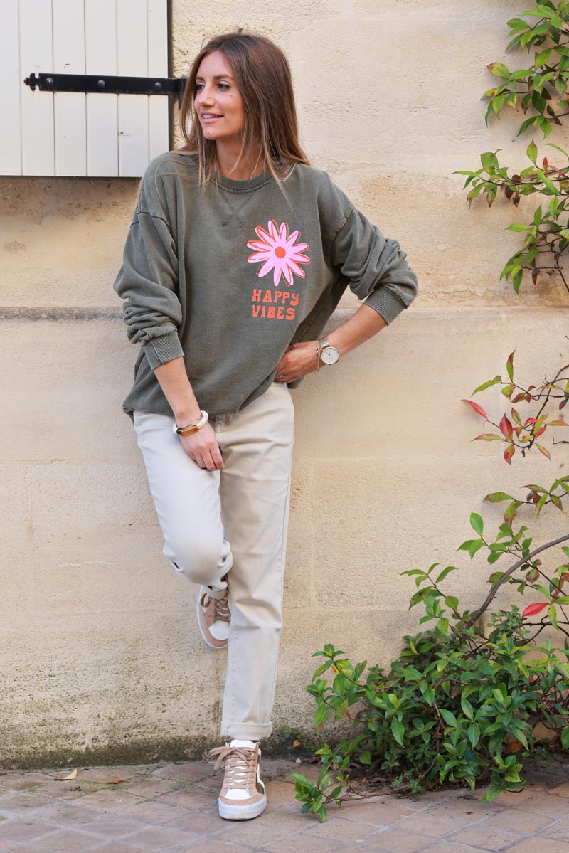 'Happy Vibes' khaki sweatshirt with flower print