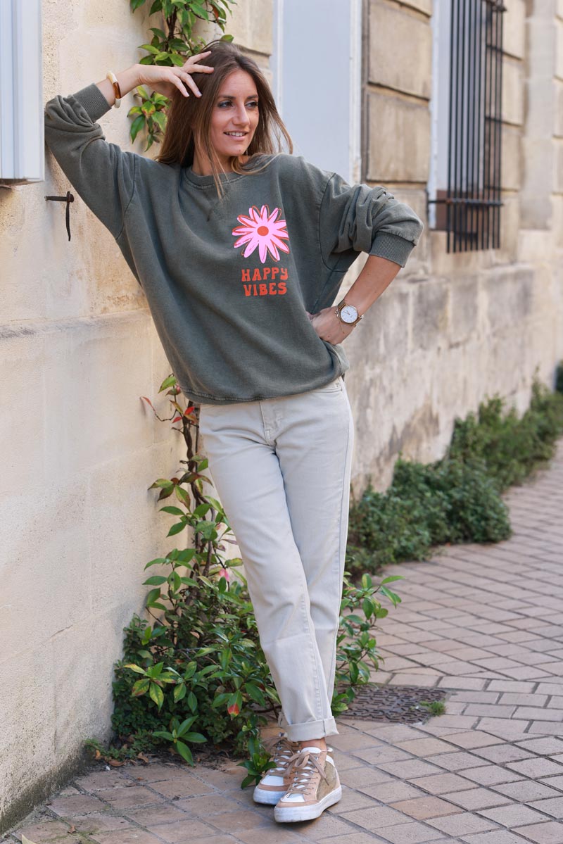 'Happy Vibes' khaki sweatshirt with flower print