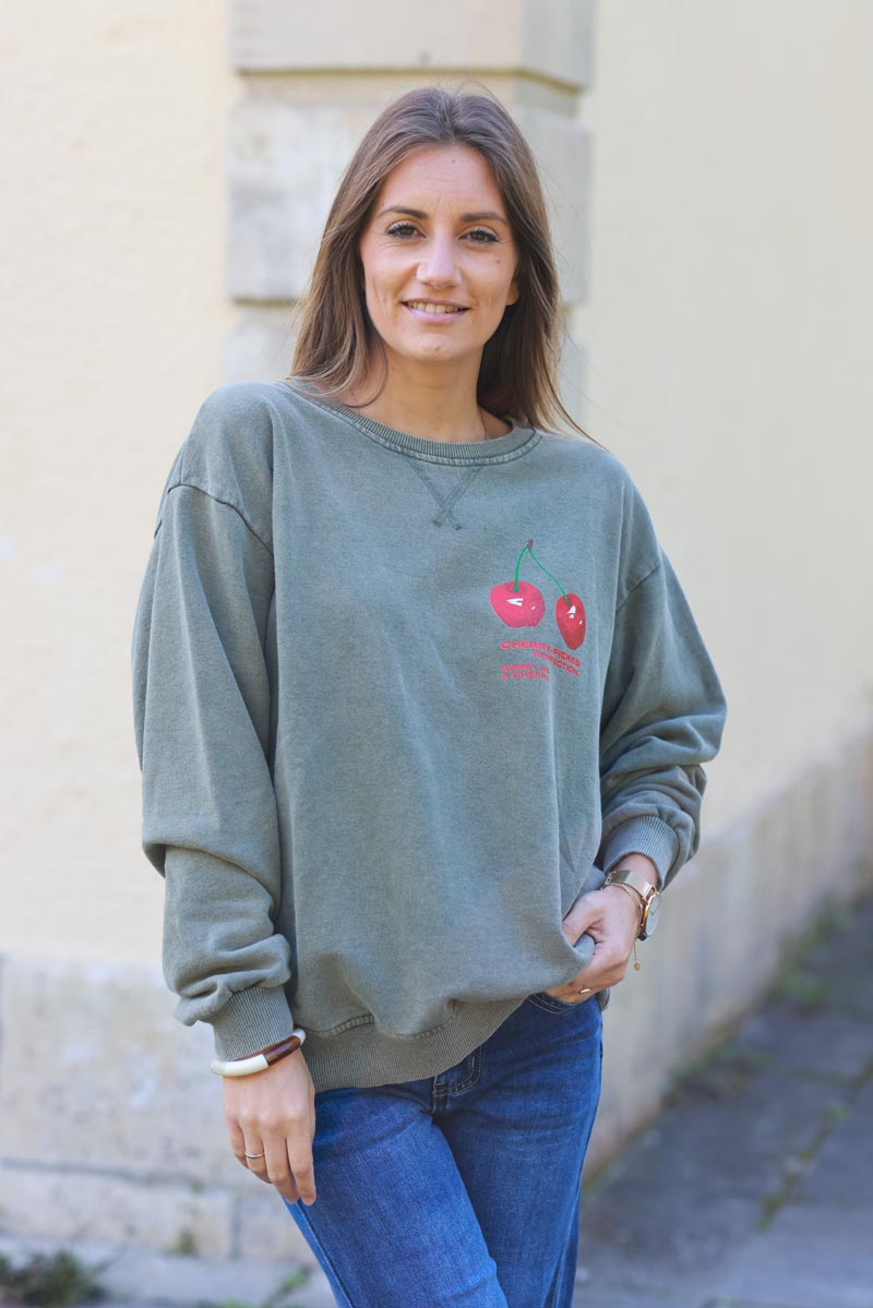 Cherry Perfection Khaki Cotton Pullover Sweater