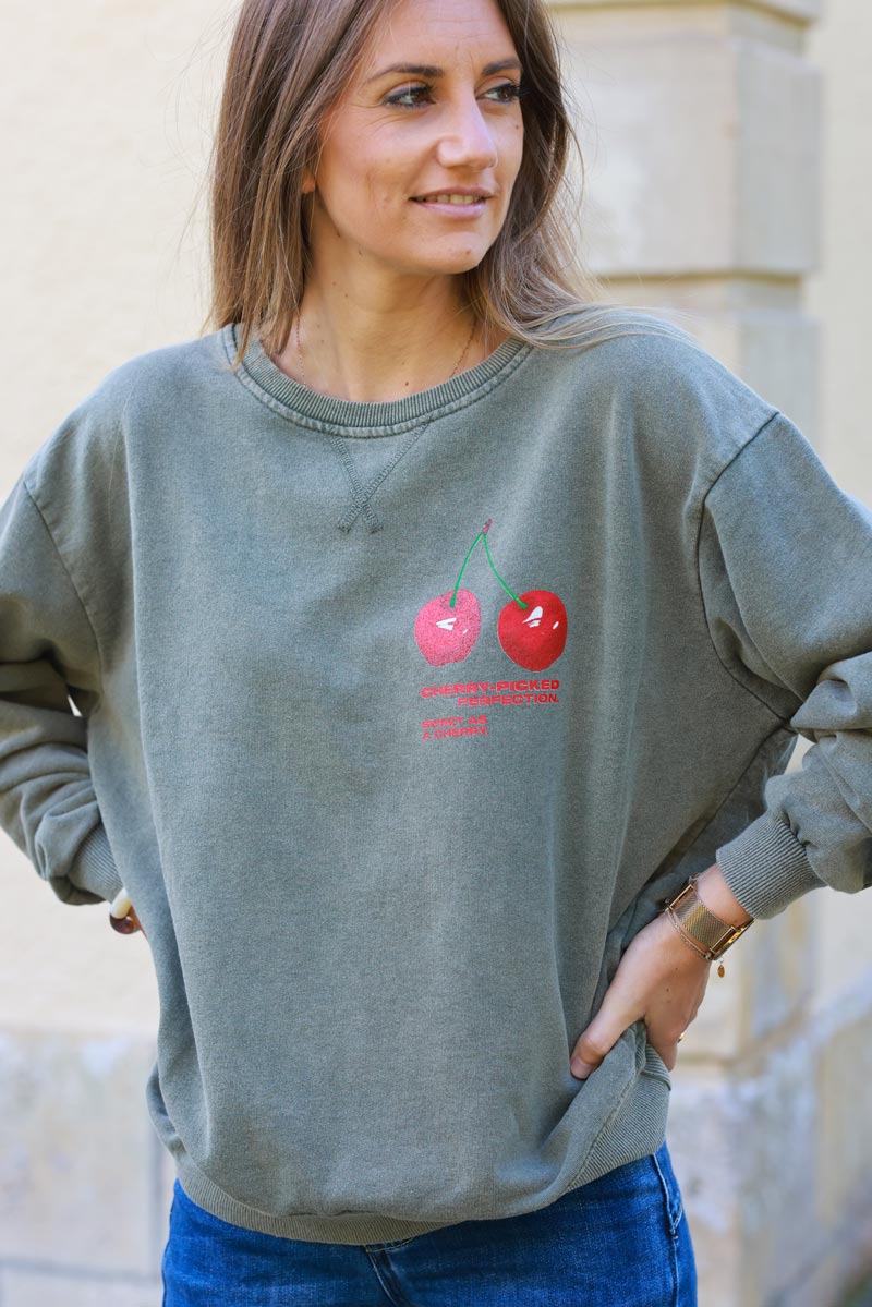 Cherry Perfection Khaki Cotton Pullover Sweater